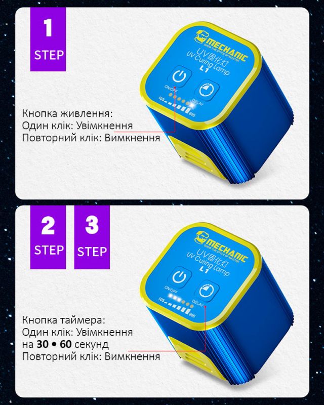 Ультрафиолетовая лампа Mechanic L1 / для сушки клея, лака / USB Type-C 5V / 7W