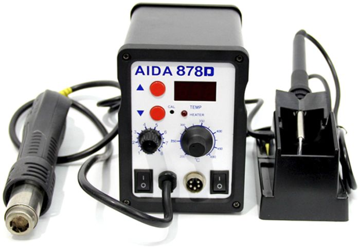 Паяльна станція AIDA 878D 2 в 1 фен + паяльник, цифровий дисплей, 3 насадки, 100 - 480°C, 700 Вт