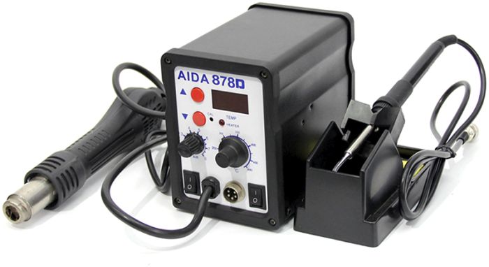 Паяльная станция AIDA 878D 2 в 1 фен + паяльник, цифровой дисплей, 3 насадки, 100 - 480°C, 700 Вт
