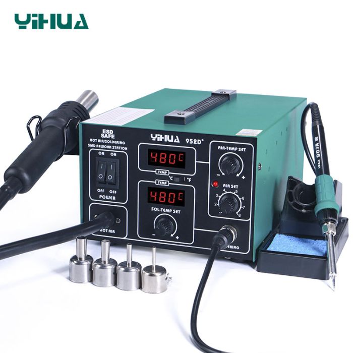Паяльная станция 2 в 1 YIHUA 952D+ / термофен + паяльник / жало 900М / 4 насадки / 100 - 450°C / 700 Вт