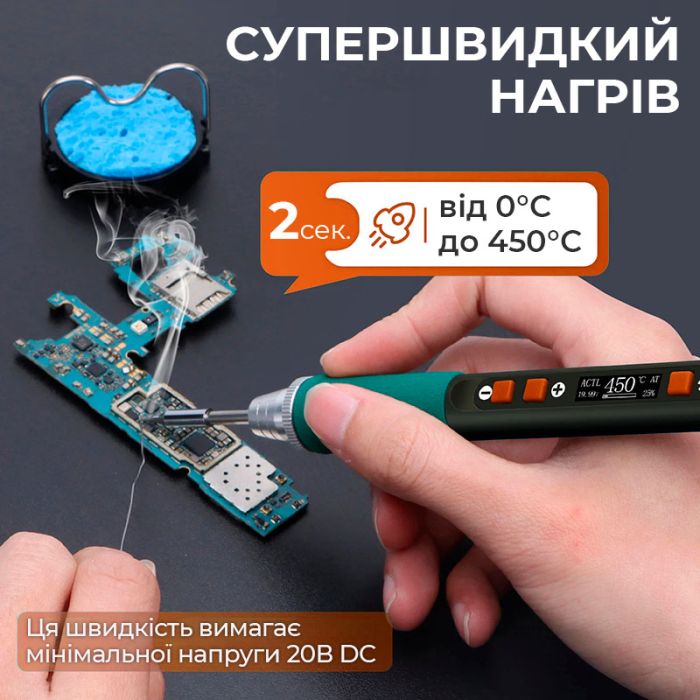 Паяльник прецизионный Silverflo 928D IV портативный / жало C235-I / 450°C / подставка с губкой / Type-C