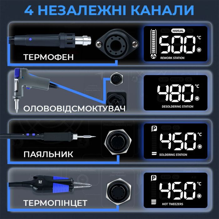 Паяльный комплекс WEP 948D-IV / 5 в 1 / фен + паяльник C245 + термопинцет + оловоотсос + пинцет / 1410 Вт
