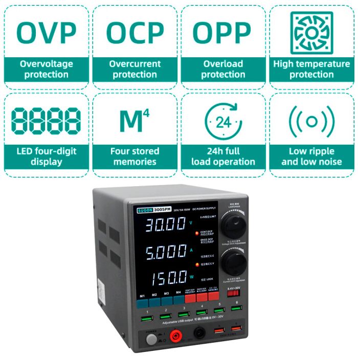 Блок питания Sugon 3005PM 30V 5A, трансформаторный, с цифровой индикацией (V/A/W), USB, 4 канала памяти
