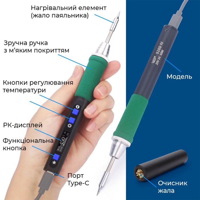 Паяльник прецизионный WEP 928D IV портативный / жало C235-I / 450°C / подставка с губкой / Type-C