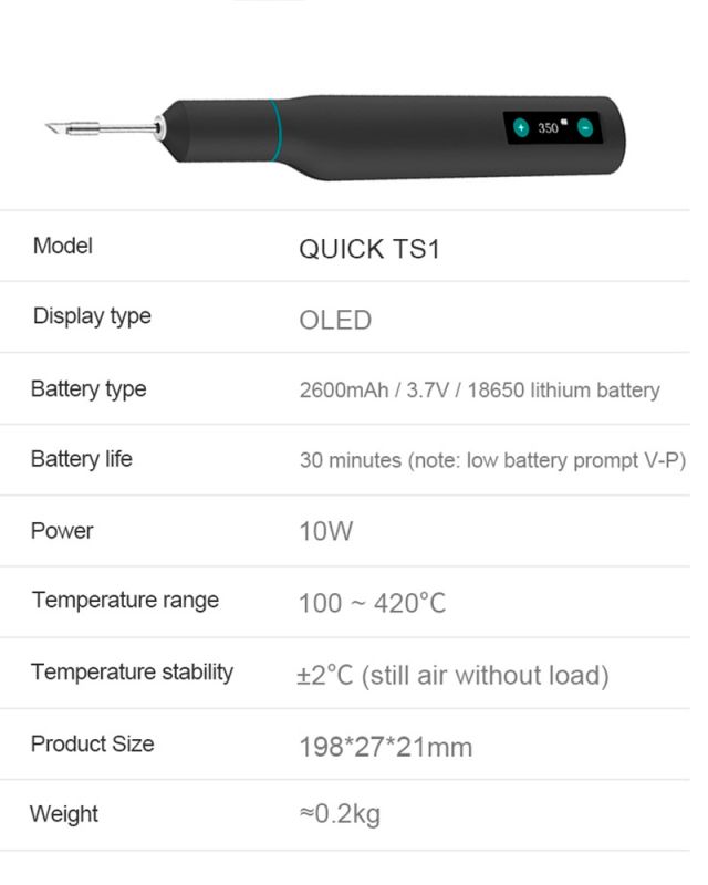 Прецизійний портативний паяльник Quick TS1 / 100-420°C / OLED / 2600 mAh / Type-C / 10W