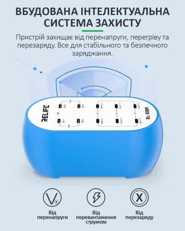Зарядний пристрій RELIFE RL-309M / 10 USB Type-C / Power Delivery / 72W Max