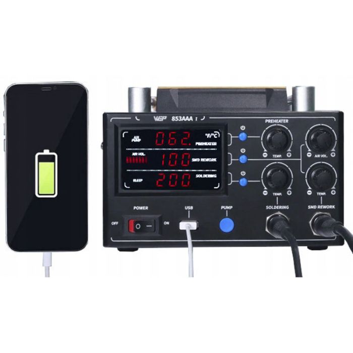Паяльная станция 3 в 1 WEP 853AAA-I / фен / паяльник / сепаратор / LED дисплей / USB / 1180 Вт