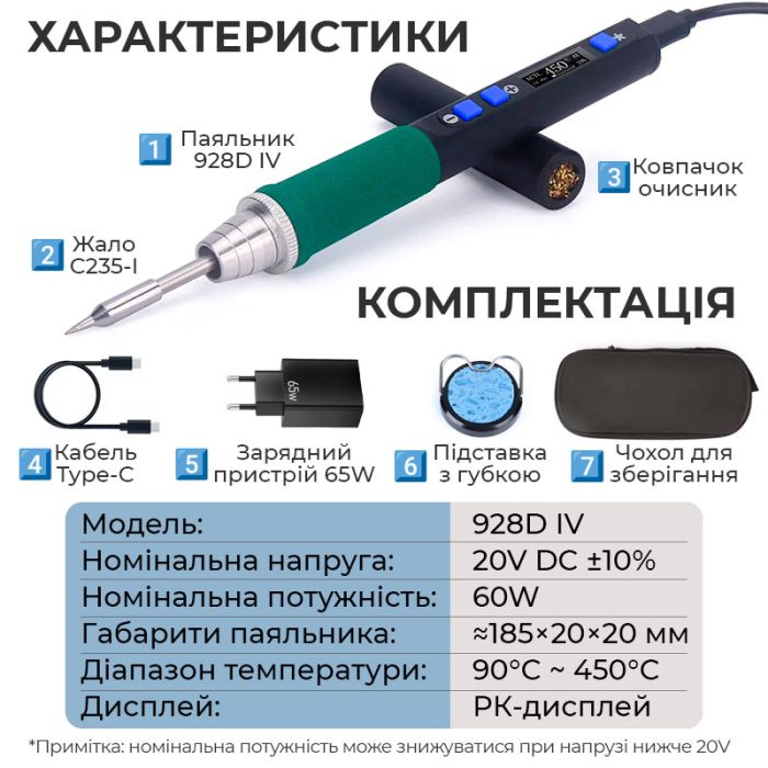 Паяльник прецизійний WEP 928D IV портативний / жало C235-I / 450°C / підставка з губкою / Type-C