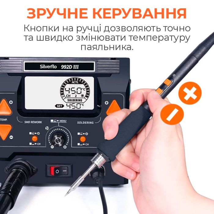Паяльная станция 2 в 1 Silverflo 992D-III / термофен + 2 паяльника C210 C245 / 3 канала памяти / 1220 Вт