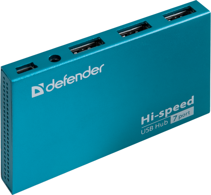Концентратор USB 2.0 Defender Septima Slim, Cyan, 7xUSB 2.0, внешний БП (83505)