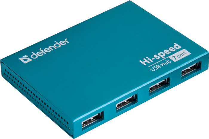 Концентратор USB 2.0 Defender Septima Slim, Cyan, 7xUSB 2.0, внешний БП (83505)