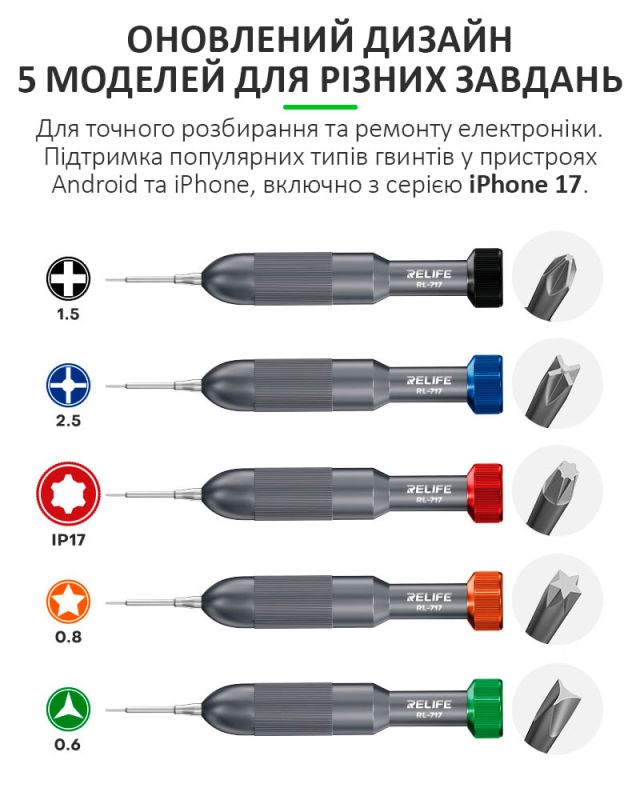 Набор отверток Relife RL-717A / прецизионные / для ремонта (Y0.6 / ★0.8 / ➕1.5 / iP2.5 / iP17) 5 шт.
