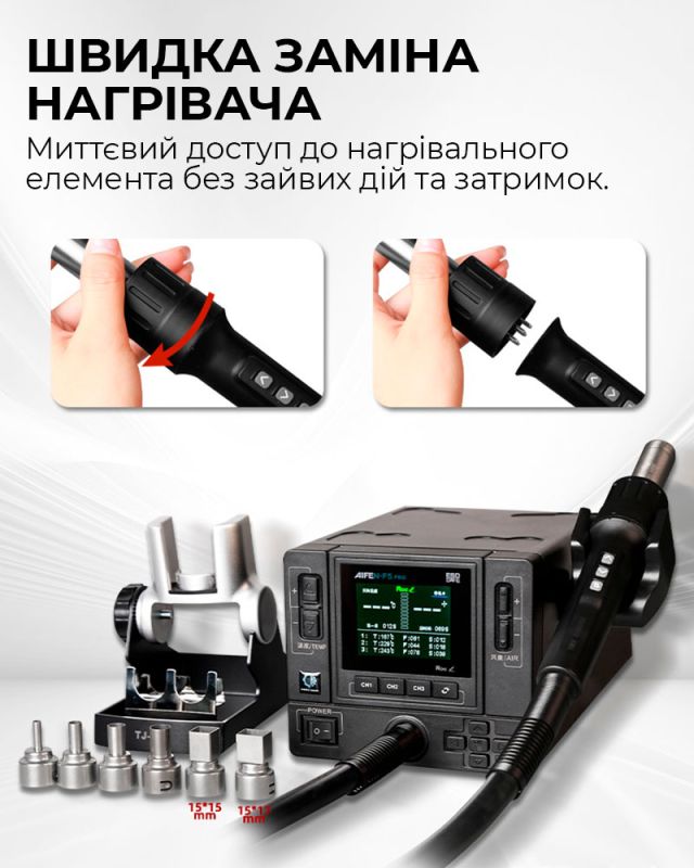 Паяльна станція термовоздушна Aifen F5 Pro / 100 – 500°C / 3 канали пам'яті / 6 насадок / 1000 Вт