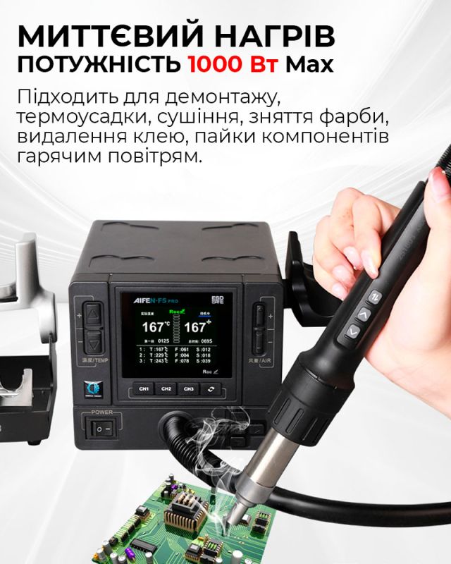Паяльна станція термовоздушна Aifen F5 Pro / 100 – 500°C / 3 канали пам'яті / 6 насадок / 1000 Вт