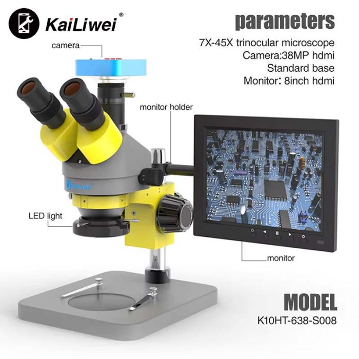 Микроскоп тринокулярный KaiLiwei K10HT-638-S008 / камера 38Мп 1080P / монитор HD 8" / 45X / HDMI / подсветка