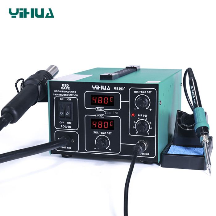 Паяльная станция 2 в 1 YIHUA 952D+ / термофен + паяльник / жало 900М / 4 насадки / 100 - 450°C / 700 Вт