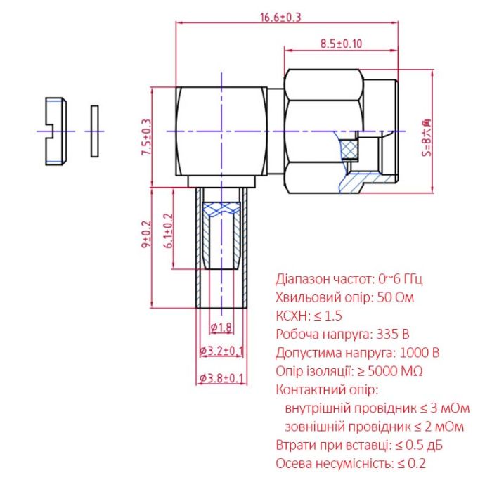 Роз'єм конектор SMA-JW-1.5 SMA male (тато) кутовий для кабелів RG-316, RG-174, RG-188, LMR100