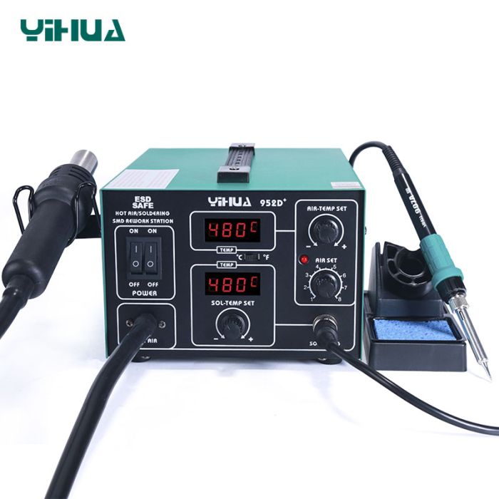 Паяльная станция 2 в 1 YIHUA 952D+ / термофен + паяльник / жало 900М / 4 насадки / 100 - 450°C / 700 Вт