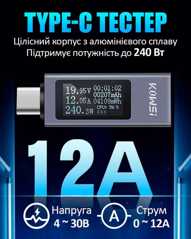 Многофункциональный USB тестер KOWSI KWS-2301C Type-C / ударопрочный / QC3.0 / 4-30V / 12A
