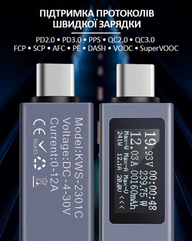 Многофункциональный USB тестер KOWSI KWS-2301C Type-C / ударопрочный / QC3.0 / 4-30V / 12A