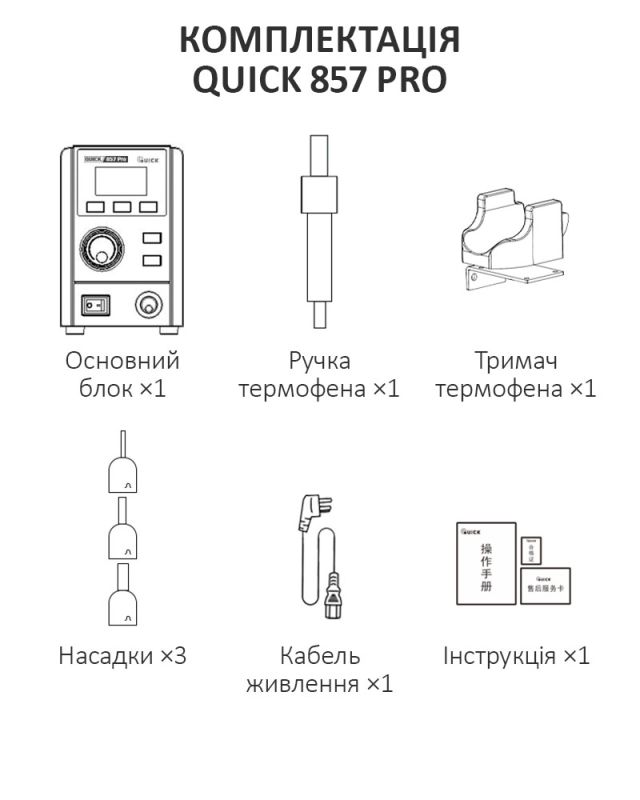 Термовоздушная паяльная станция QUICK 857 Pro / 3 канала памяти / 100-500°С / 40 л/мин / 580 Вт