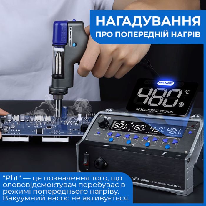 Паяльний комплекс WEP 948D-IV / 5 в 1 / фен + паяльник C245 + термопінцет + олововідсос + пінцет / 1410 Вт