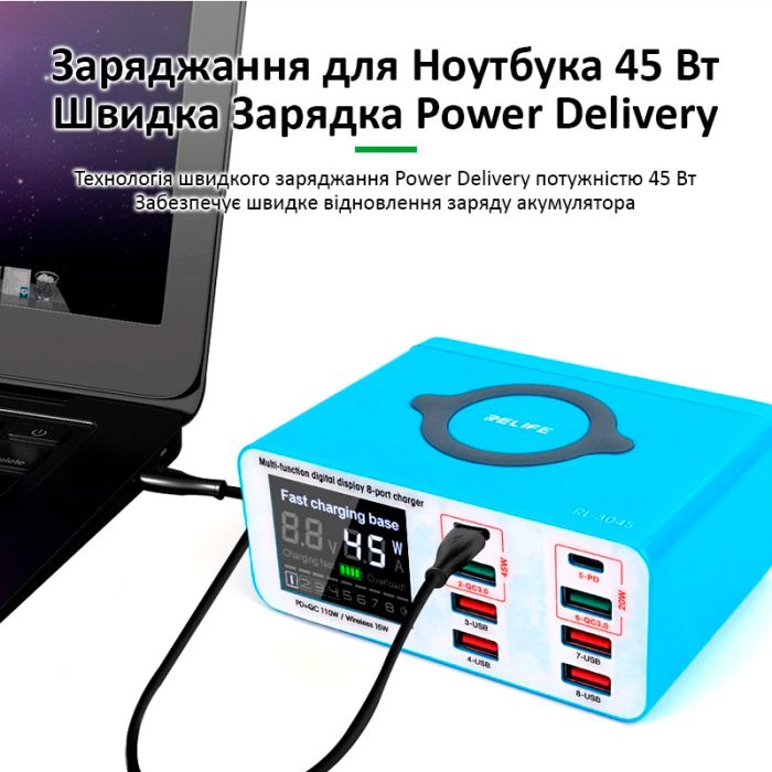 Быстрое зарядное устройство + беспроводная зарядка RELIFE RL-304S 4xUSB/2xUSB Type-C PD3.0/2xUSB QC3.0/ 100W
