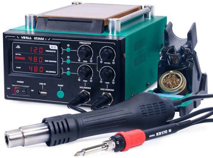 Паяльная станция 3 в 1 YIHUA 853AAA-I / фен / паяльник / сепаратор / LED дисплей / USB / 1180 Вт