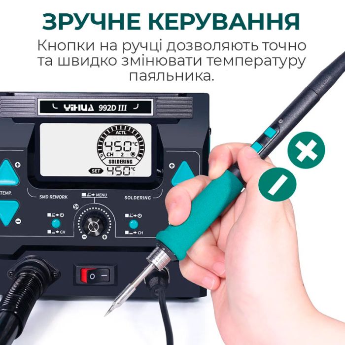 Паяльная станция 2 в 1 YIHUA 992D-III / термофен + 2 паяльника C210 C245 / 3 канала памяти / 1220 Вт